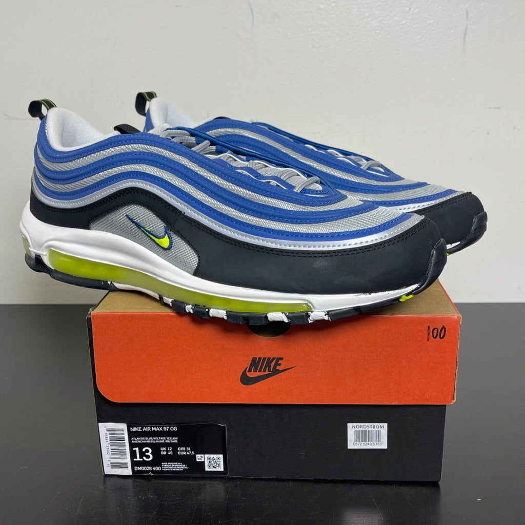 Nike Air Max 97 OG Atlantic Blue Voltage Yellow 13 (Moderately Worn Pre-Owned)NikeAtlantic Blue/Metallic Silver/Black/Voltage Yellow - Image 1