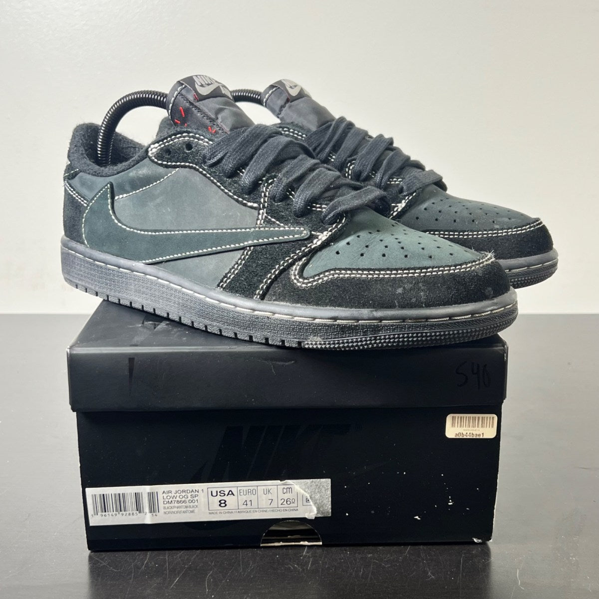 Jordan 1 Retro Low OG SP Travis Scott Black Phantom 8 (Moderately Worn Pre-Owned)JordanBlack/Phantom-Ale Brown-Racer Blue-Team Orange - Image 1