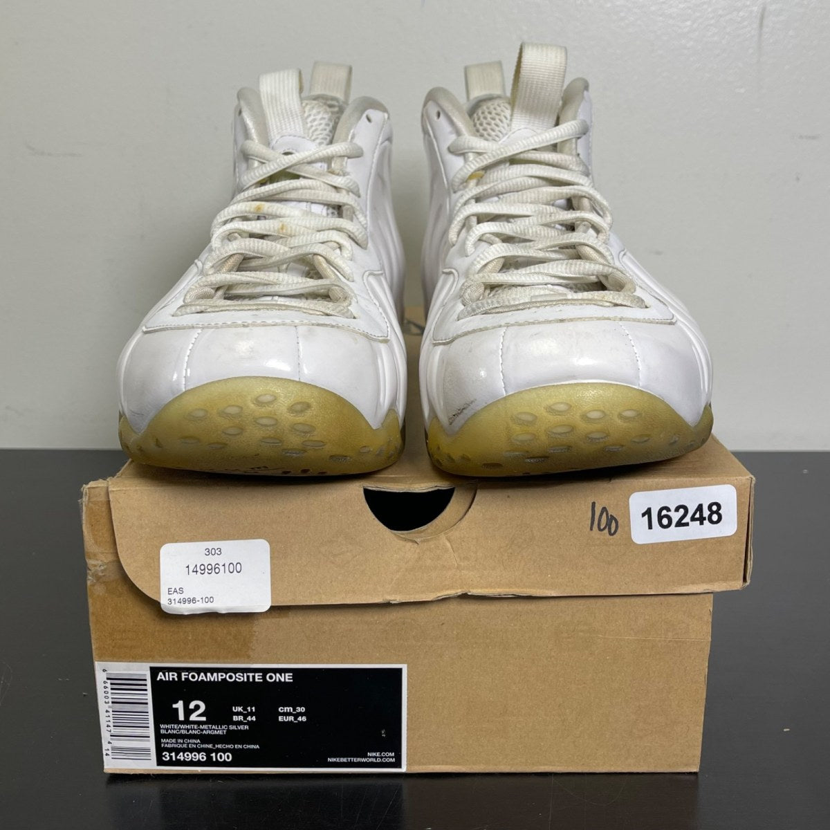 Nike Air Foamposite One White Out 12 (Moderately Worn Pre-Owned)NikeWhite/White-Metallic Silver - Image 2