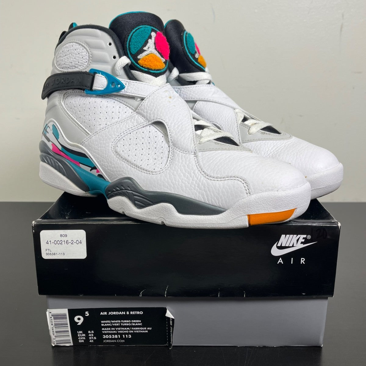 Jordan 8 Retro South Beach 9.5 (Moderately Worn Pre-Owned)JordanWhite/White-Turbo Green-Neutral Grey - Image 1
