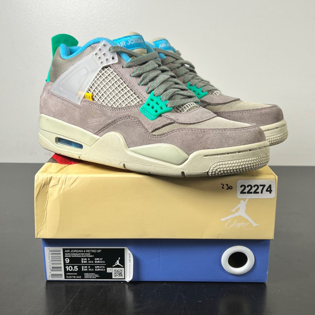 Jordan 4 Retro SP 30th Anniversary Union Taupe Haze 9 (Lightly Worn Pre-Owned)JordanTaupe Haze/Blue Fury-Khaki-Roma Green - Image 1