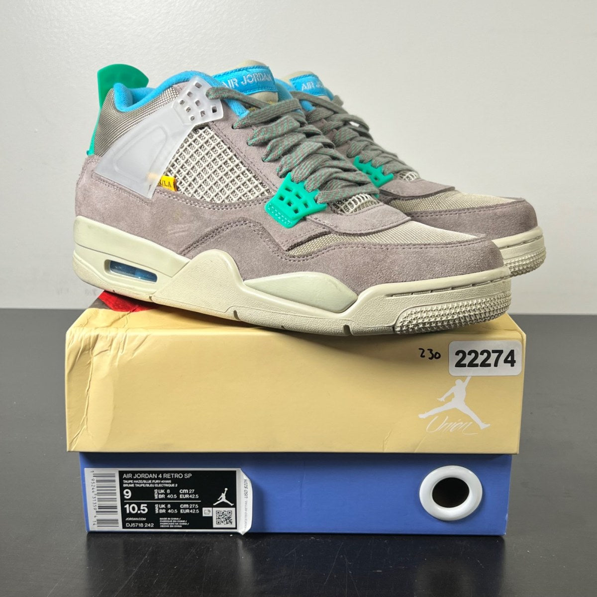 Jordan 4 Retro SP 30th Anniversary Union Taupe Haze 9 (Lightly Worn Pre-Owned)JordanTaupe Haze/Blue Fury-Khaki-Roma Green - Image 1