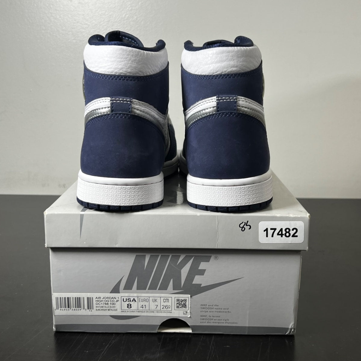 Jordan 1 Retro High CO.JP Midnight Navy (2020) 8 (Lightly Worn Pre-Owned)JordanWhite/Metallic Silver-Midnight Navy - Image 4