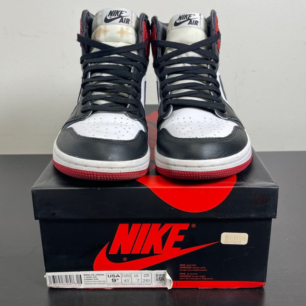 Jordan 1 Retro High Satin Black Toe (Women's) 9.5W (Moderately Worn Pre-Owned)JordanBlack/White-University Red - Image 2