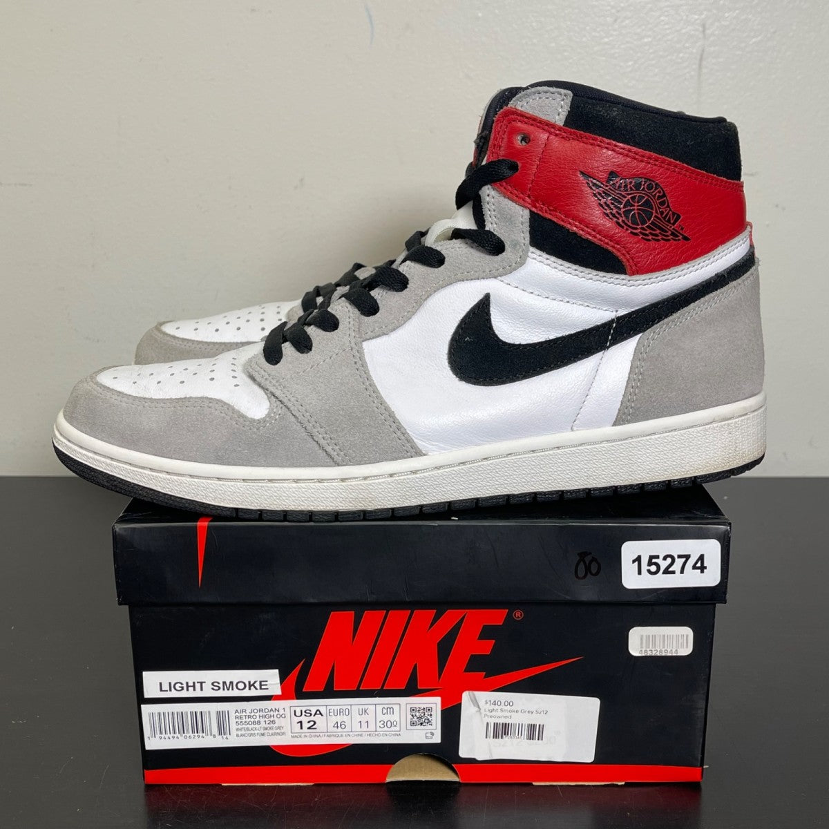 Jordan 1 Retro High Light Smoke Grey 12 (Moderately Worn Pre-Owned)JordanWhite/Black-Light Smoke Grey-Varsity Red - Image 3