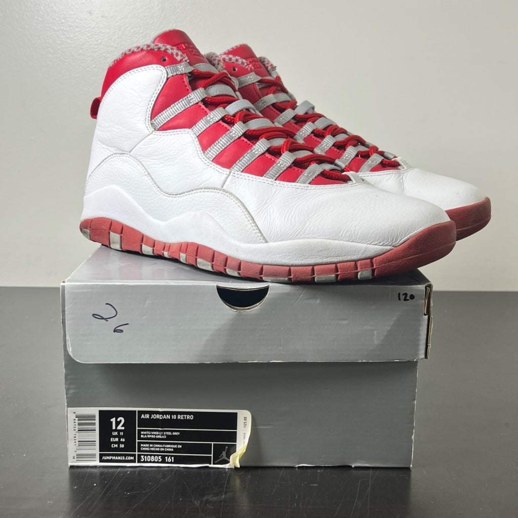Jordan 10 Retro Red Steel 12 (Moderately Worn Pre-Owned)JordanWhite/Varsity Red/Light Steel Grey - Image 1