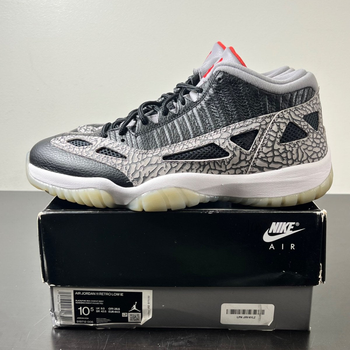 Jordan 11 Retro Low IE Black Cement 10.5 (Lightly Worn Pre-Owned)JordanBlack/Fire Red-Cement Grey-White - Image 3