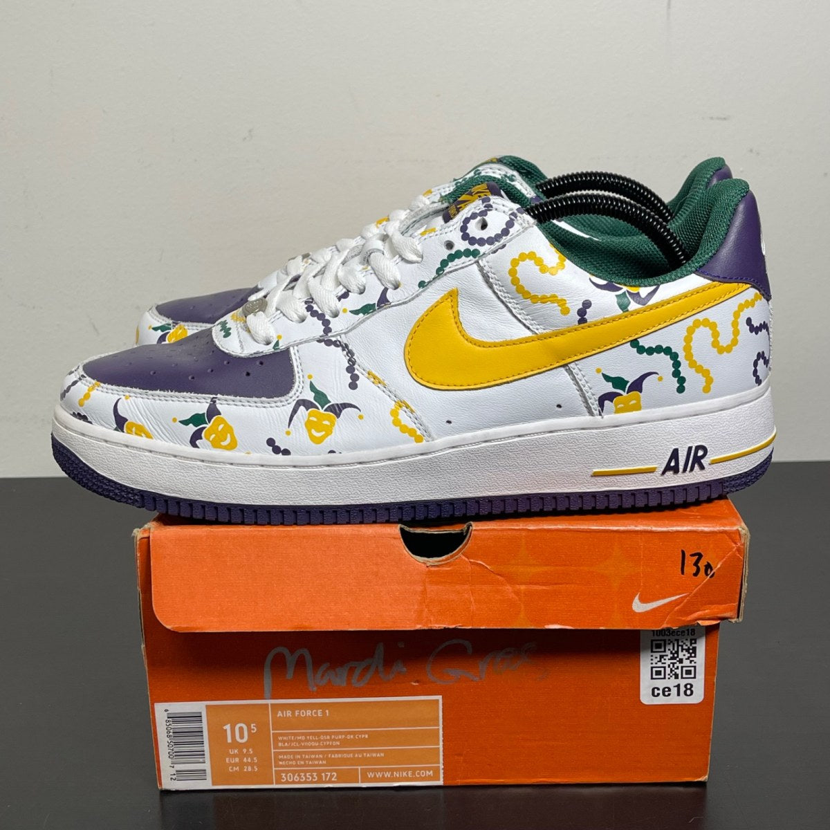 Nike Air Force 1 Low Mardi Gras 10.5 (Moderately Worn Pre-Owned)NikeWhite/Medium Yell-Purp-Dark Cypress - Image 3