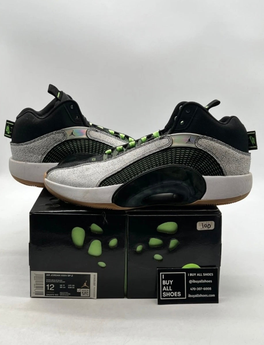 Air Jordan XXXV Bayou Boys 12 (Moderately Worn Pre-Owned)JordanWhite/Black/Gum Light Brown/Lime Blast - Image 1
