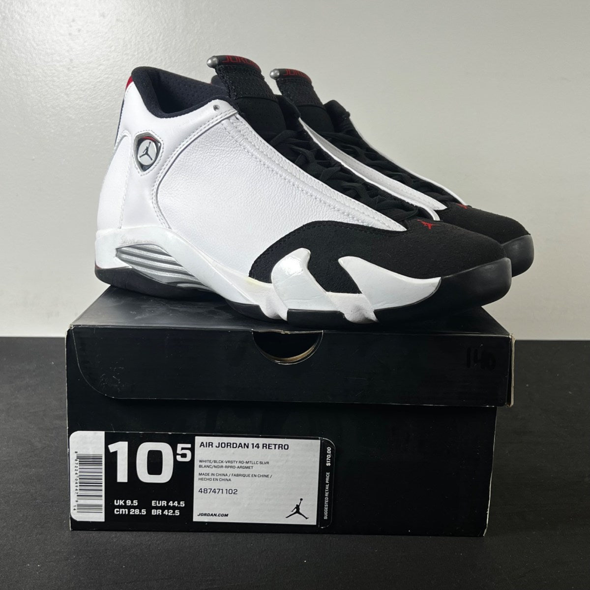 Jordan 14 Retro Black Toe (2014) 10.5 (Lightly Worn Pre-Owned)JordanWhite/Black-Varsity Red-Metallic Silver - Image 1