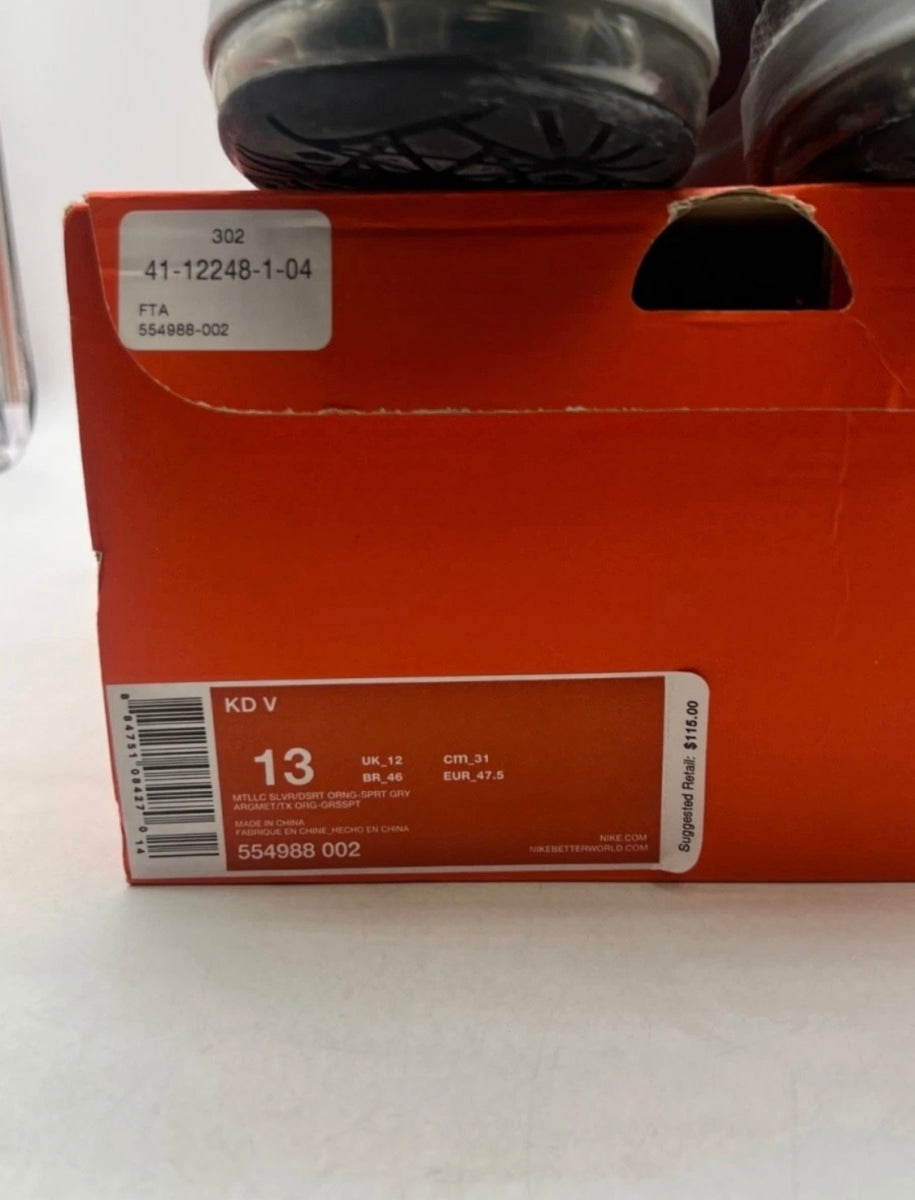 Nike KD 5 Texas 13 (Moderately Worn Pre-Owned)NikeMetallic Silver/Desert Orange-Sport Grey - Image 4