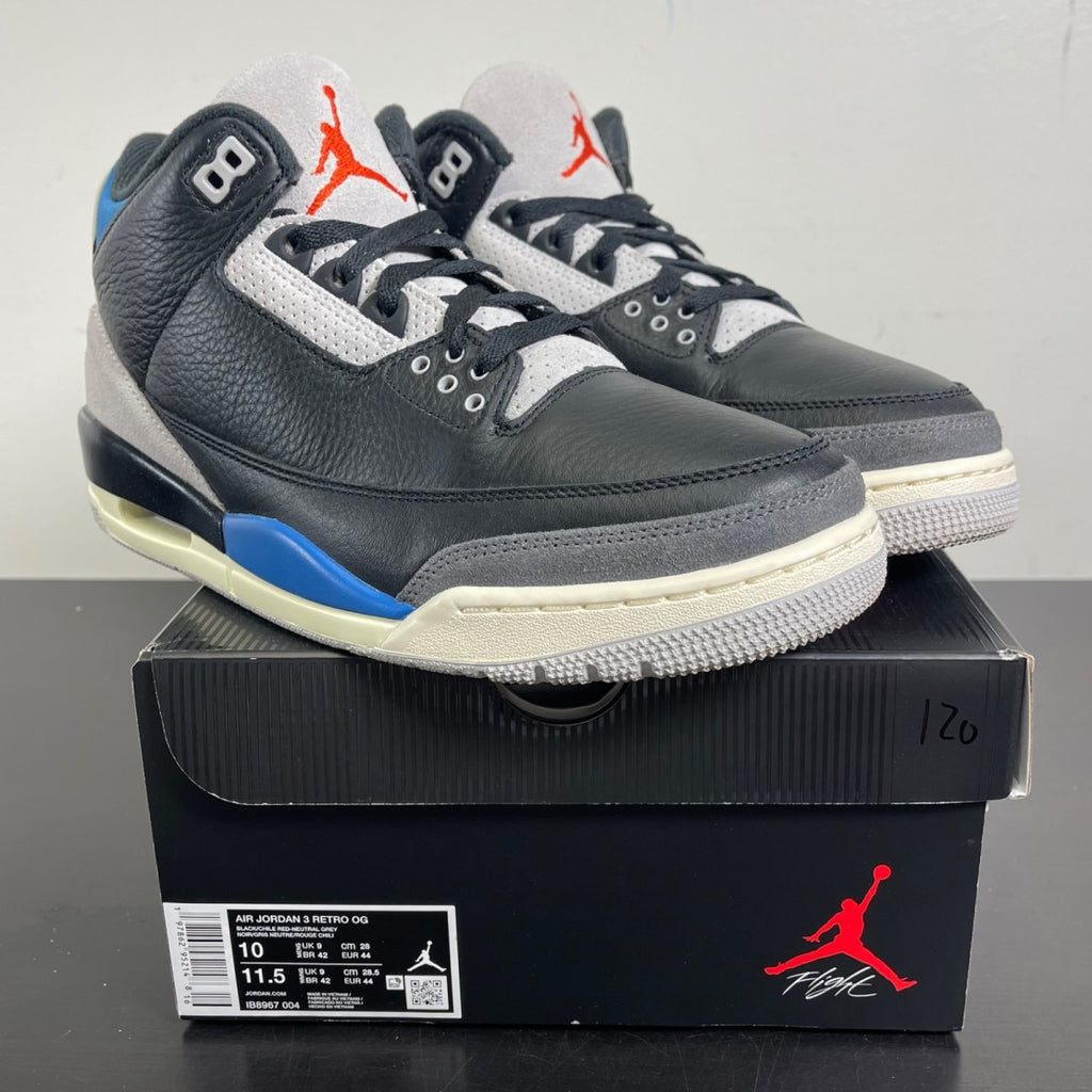 Jordan 3 Retro OG Rare Air 10 (Moderately Worn Pre-Owned)JordanBlack/Chile Red/Neutral Grey/Military Blue/Coconut Milk - Image 1