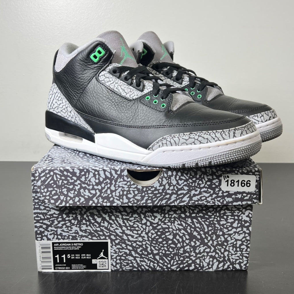 Jordan 3 Retro Green Glow 11.5 (Moderately Worn Pre-Owned)JordanBlack/Green Glow/Wolf Grey/White - Image 1