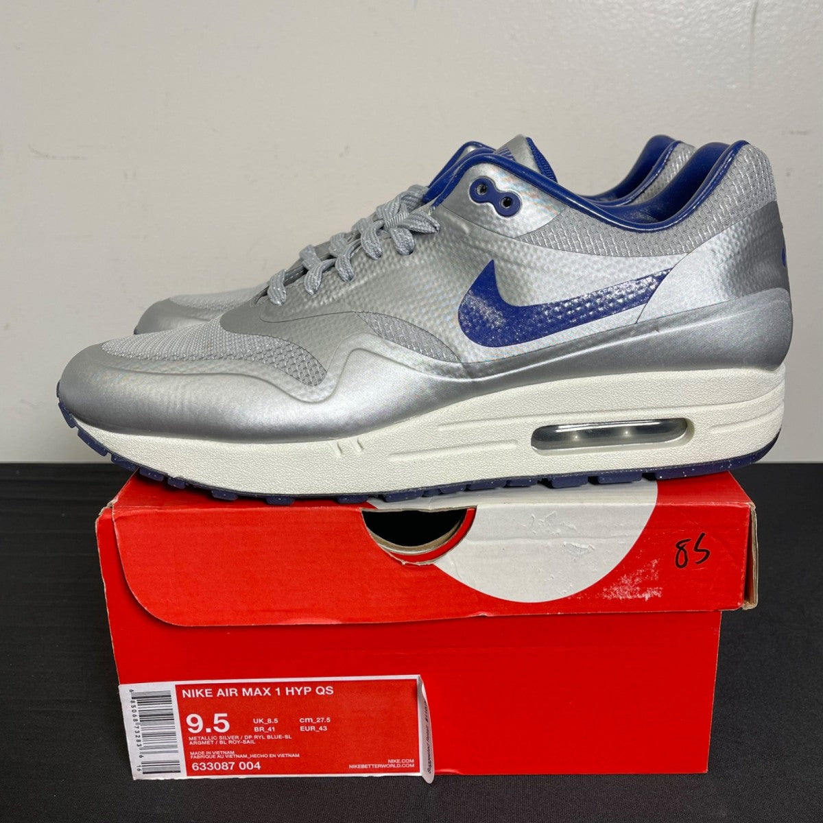Nike Air Max 1 Night Track Royal 9.5 (Moderately Worn Pre-Owned)NikeMetallic Silver/Deep Royal Blue-Sail - Image 3