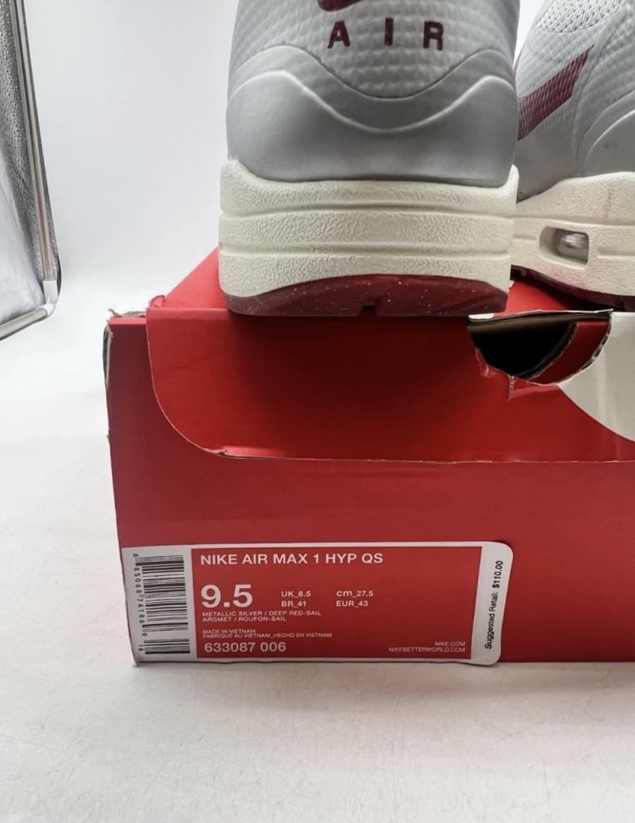 Nike Air Max 1 Hyperfuse Night Track 9.5 (Moderately Worn Pre-Owned)NikeMetallic Silver/Deep Red-Sail - Image 5