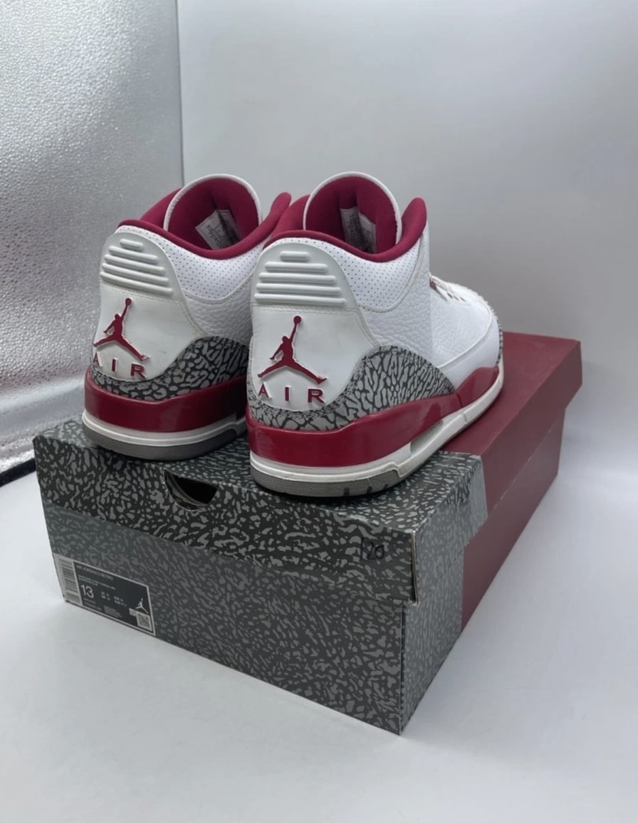 Jordan 3 Retro Cardinal Red 13 (Heavily Worn Pre-Owned)JordanWhite/Light Curry-Cardinal Red-Cement Grey - Image 5