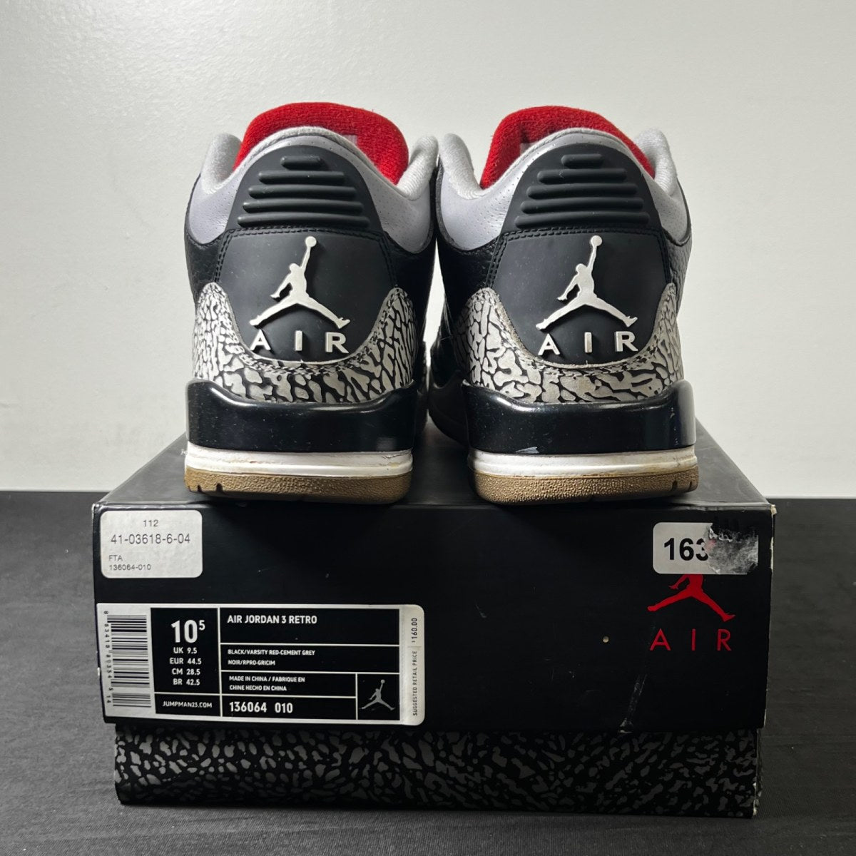 Jordan 3 Retro Black Cement (2011) 10.5 (Heavily Worn Pre-Owned)JordanBlack/Cement Grey-White-Varsity Red - Image 4