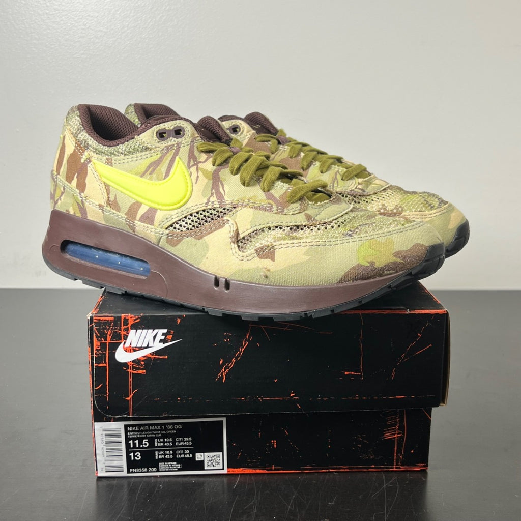 Nike Air Max 1 '86 OG Camo Light Lemon Twist 11.5 (Lightly Worn Pre-Owned)NikeEarth/Light Lemon Twist/Oil Green - Image 1