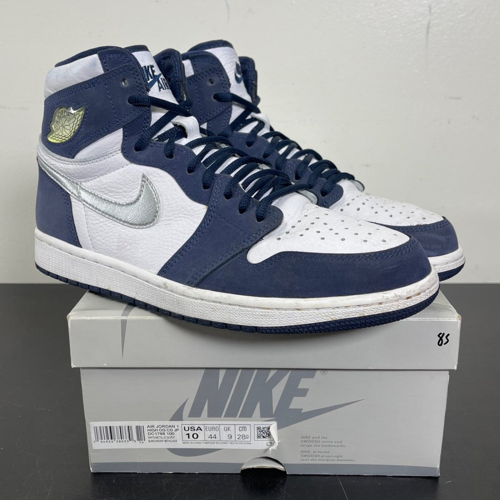 Jordan 1 Retro High CO.JP Midnight Navy (2020) 10 (Moderately Worn Pre-Owned)JordanWhite/Metallic Silver-Midnight Navy - Image 1
