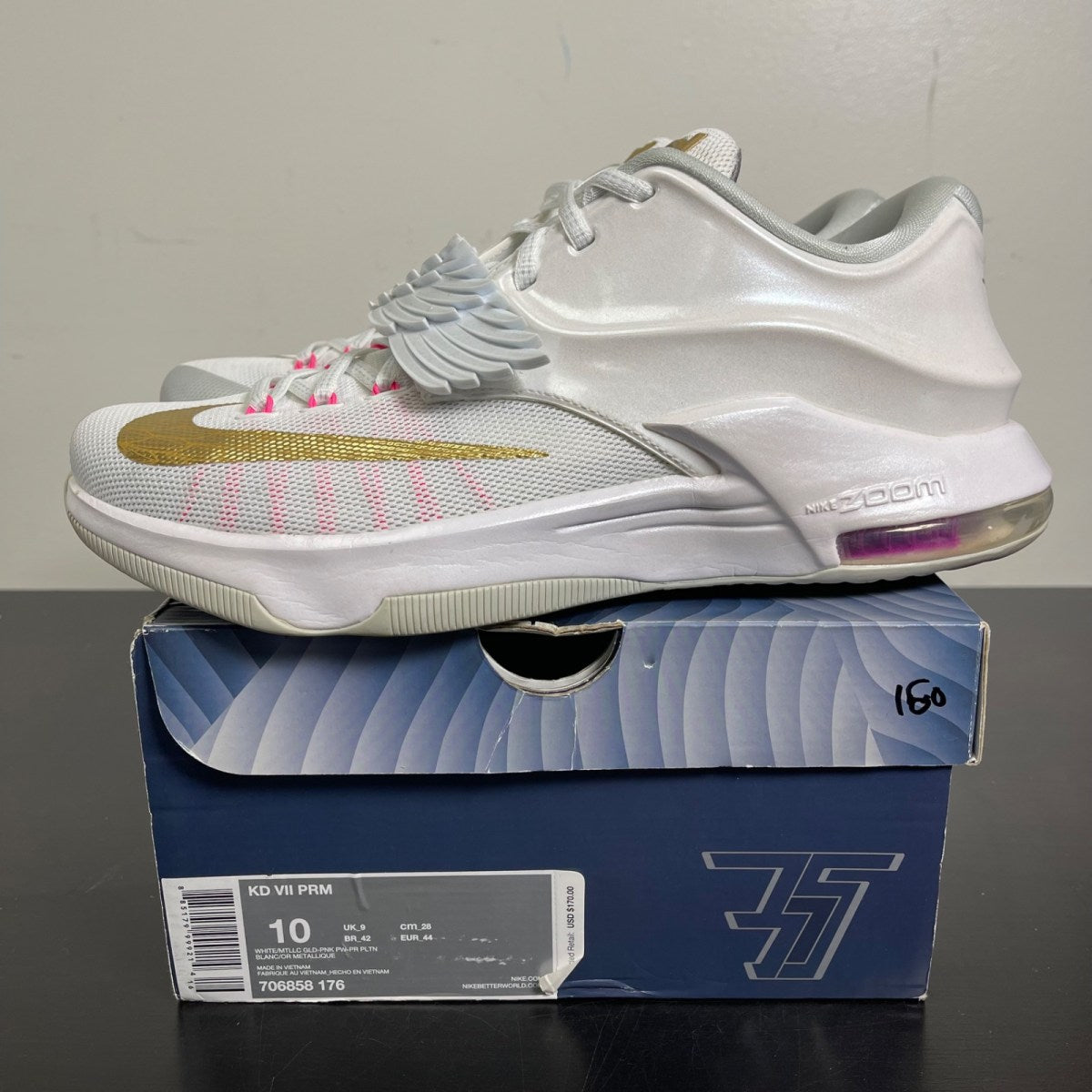 Nike KD 7 Aunt Pearl 10 (Moderately Worn Pre-Owned)NikeWhite/Metallic Gold-Pink Pow-Pure Platinum - Image 3