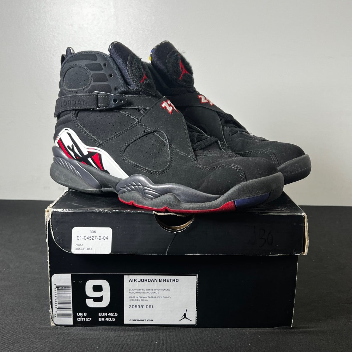 Jordan 8 Retro Playoffs (2013) 9 (Heavily Worn Pre-Owned)JordanBlack/True Red-White - Image 1