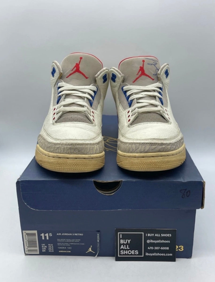 Jordan 3 Retro International Flight 11.5 (Heavily Worn Pre-Owned)JordanSail/Sport Royal-Light Bone-Fire Red - Image 2