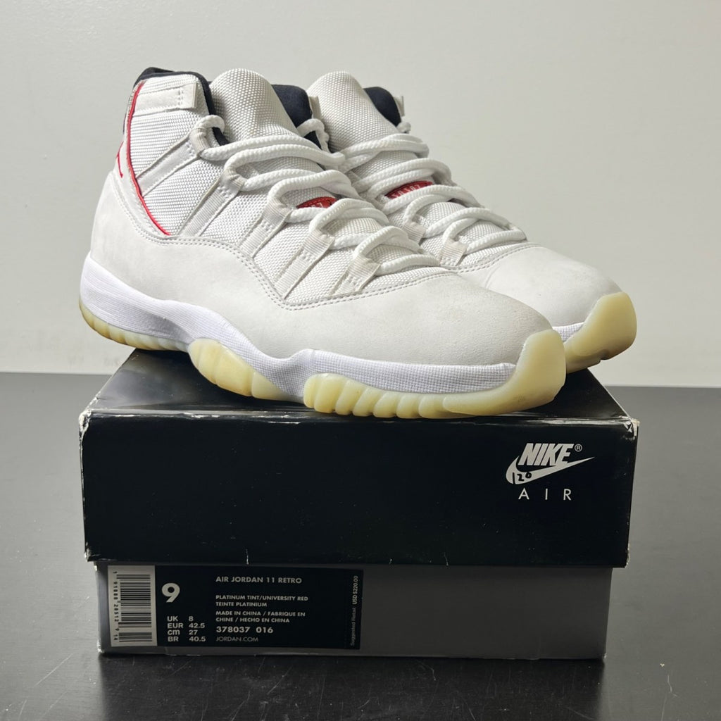 Jordan 11 Retro Platinum Tint 9 (Lightly Worn Pre-Owned)JordanPlatinum Tint/Sail-University Red-Black - Image 1