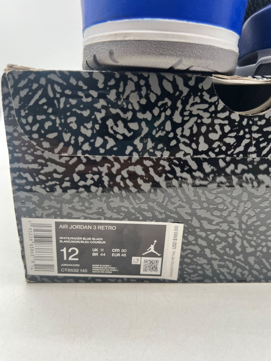 Jordan 3 Retro Racer Blue 12 (Moderately Worn Pre-Owned)JordanWhite/Black-Cement Grey-Racer Blue - Image 6
