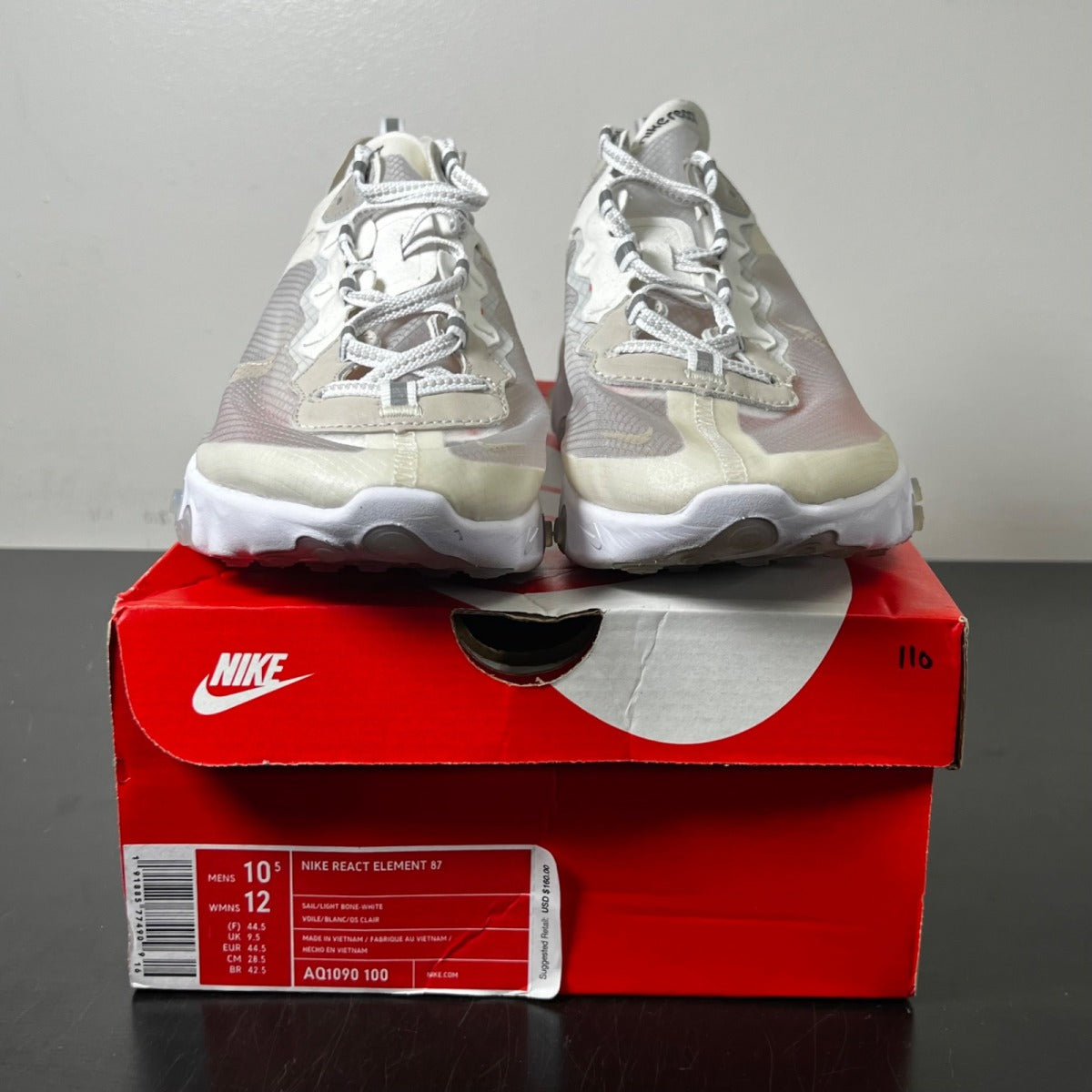 Nike React Element 87 Sail Light Bone 10.5 (Lightly Worn Pre-Owned)NikeSail/Light Bone-White-Rush Orange - Image 2