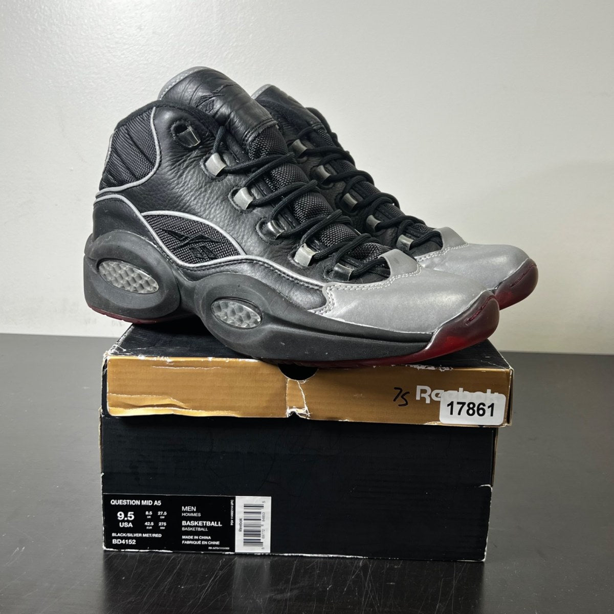 Reebok Question Mid Jadakiss A5 9.5 (Moderately Worn Pre-Owned)ReebokBlack/Metallic Silver/Red - Image 1