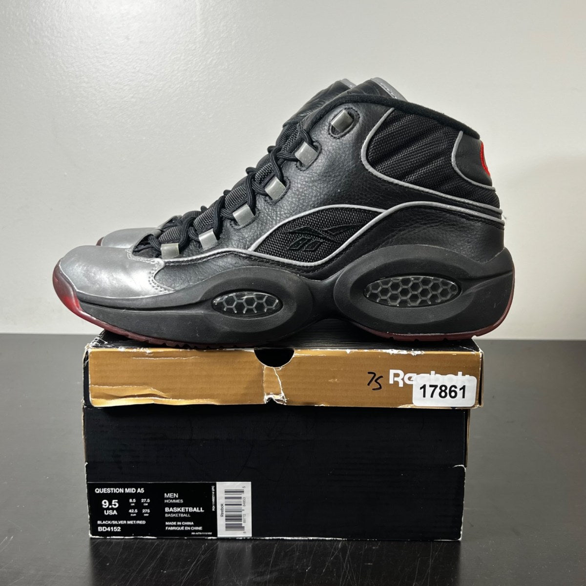 Reebok Question Mid Jadakiss A5 9.5 (Moderately Worn Pre-Owned)ReebokBlack/Metallic Silver/Red - Image 3