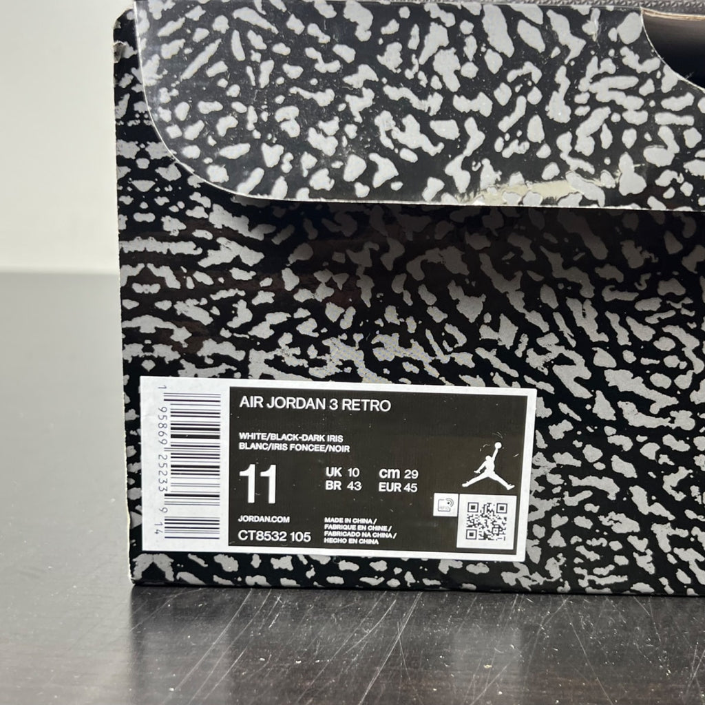 Jordan 3 Retro Dark Iris 11 (Moderately Worn Pre-Owned)JordanWhite/Black/Dark Iris/Cement Grey - Image 4