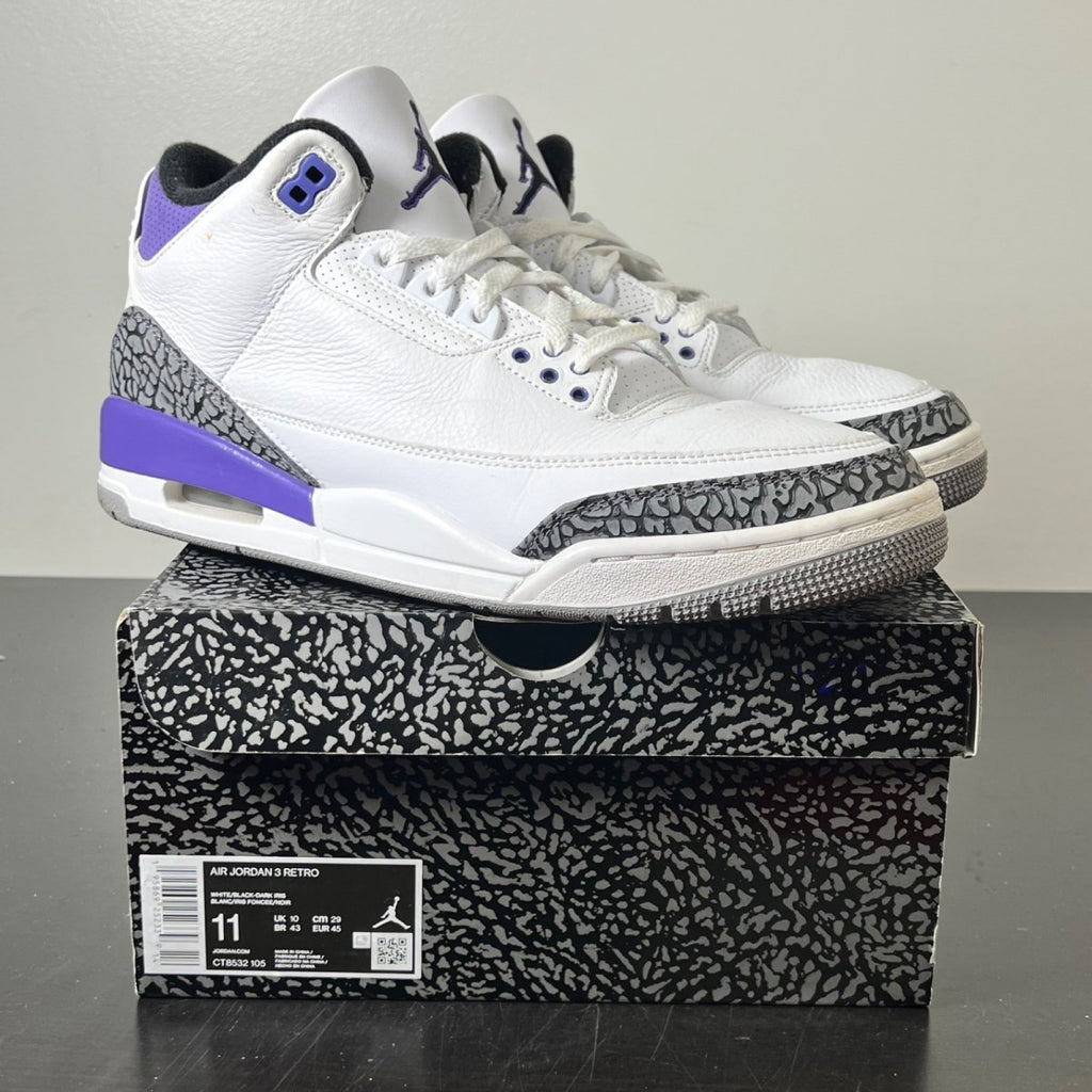 Jordan 3 Retro Dark Iris 11 (Moderately Worn Pre-Owned)JordanWhite/Black/Dark Iris/Cement Grey - Image 1