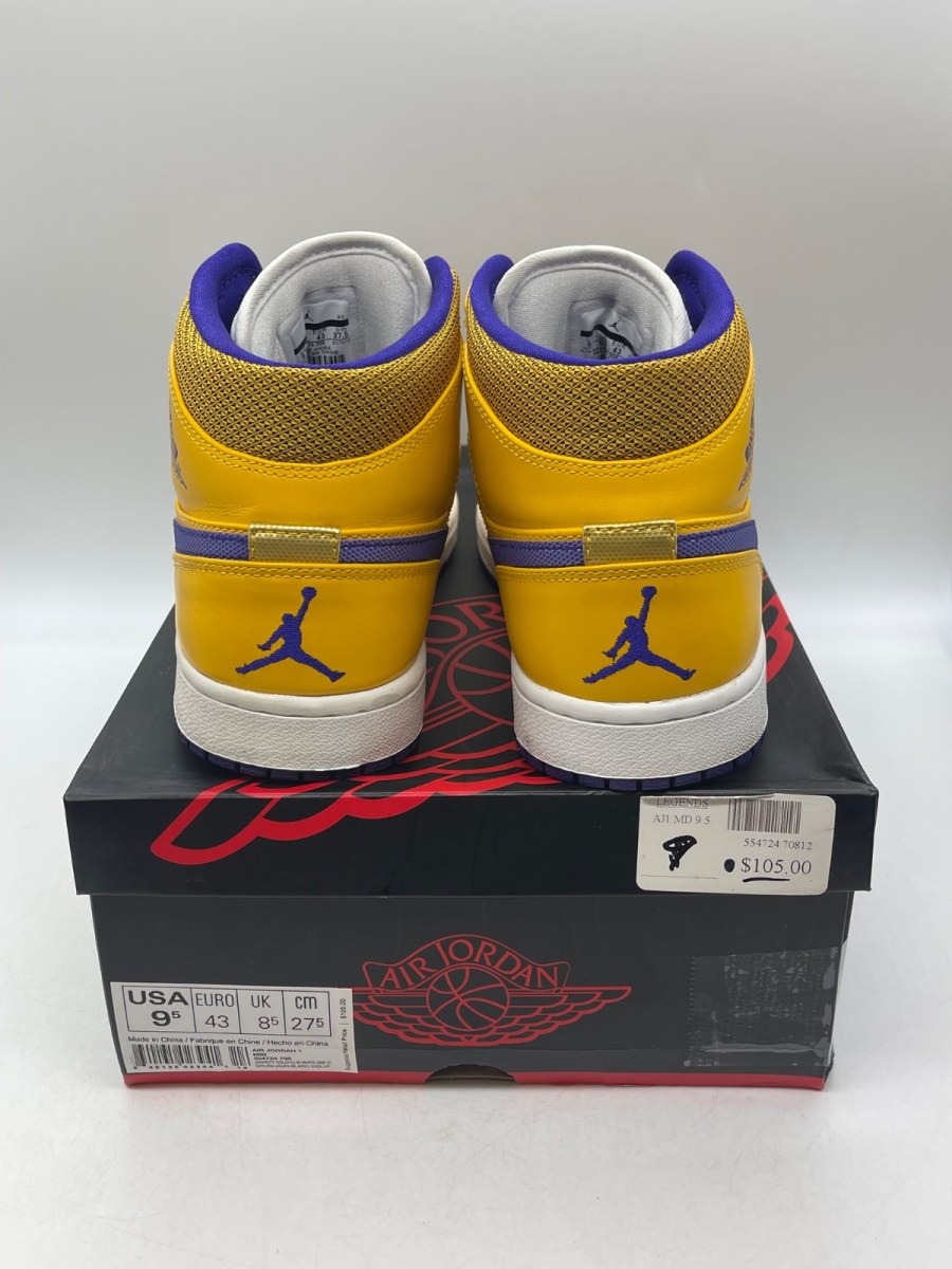 Jordan 1 Mid Lakers 9.5 (Moderately Worn Pre-Owned)JordanUniversity Gold/Tour Yellow-White-Grape Ice - Image 3