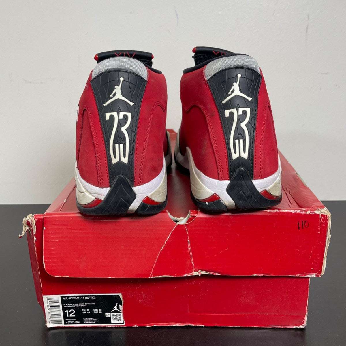 Jordan 14 Retro Gym Red Toro 12 (Moderately Worn Pre-Owned)JordanBlack/White-Off White-Gym Red - Image 4
