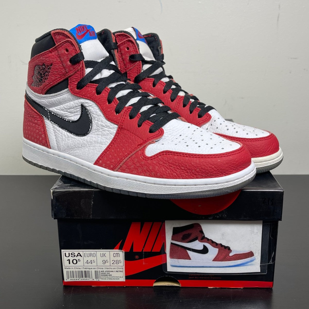 Jordan 1 Retro High Spider-Man Origin Story 10.5 (Moderately Worn Pre-Owned)JordanGym Red/Black-White-Photo Blue - Image 1