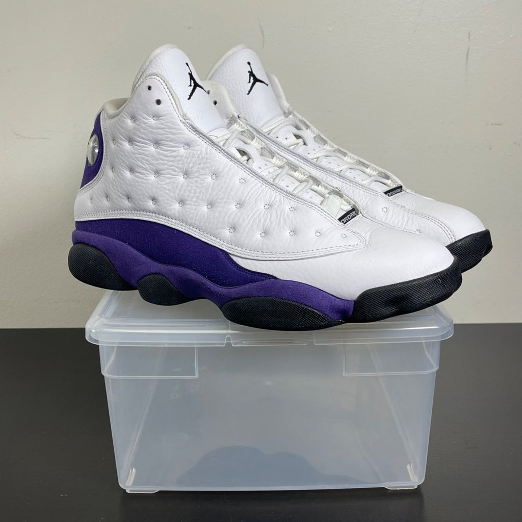 Jordan 13 Retro Lakers 10.5 (Moderately Worn Pre-Owned)JordanWhite/Black-Court Purple-University Gold - Image 1