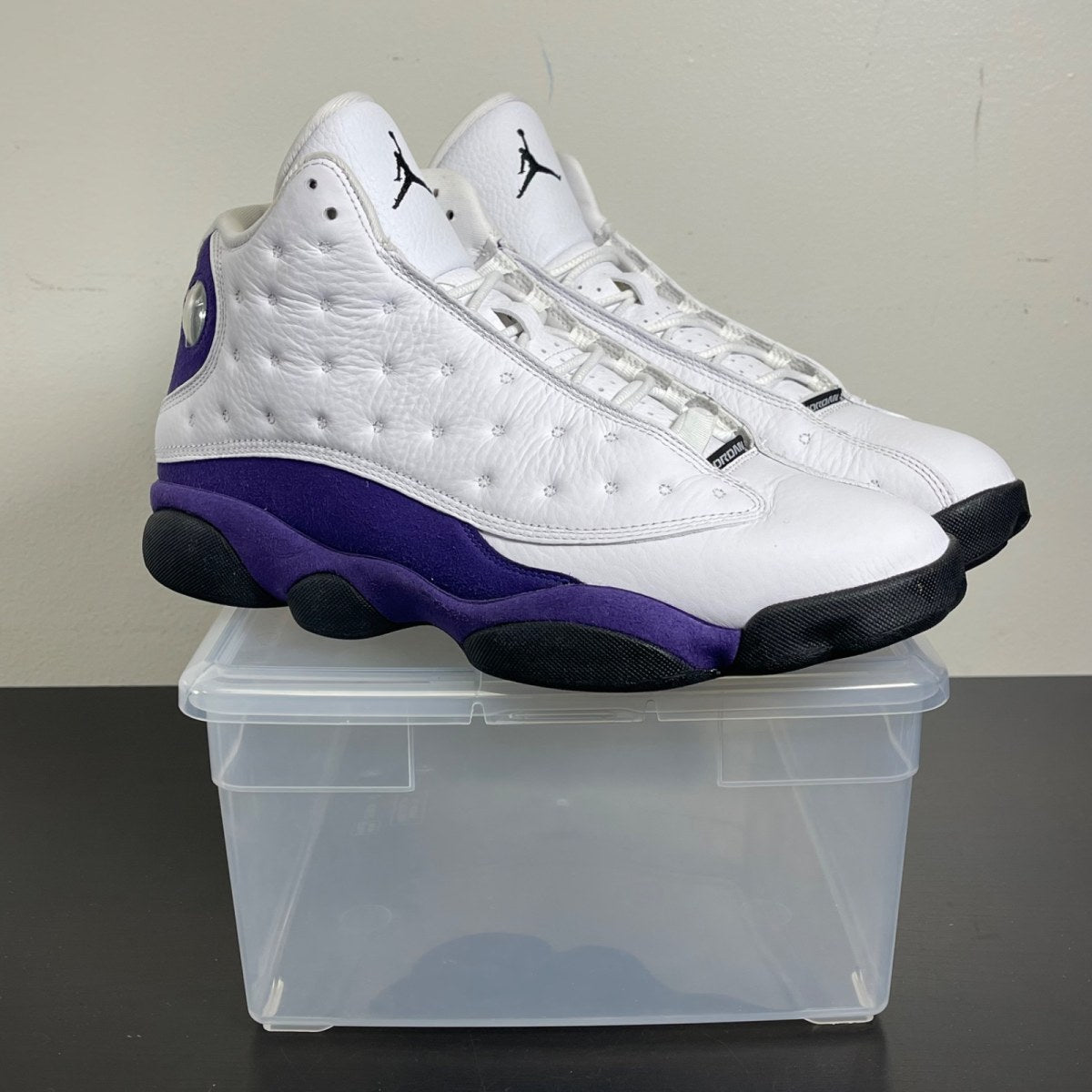Jordan 13 Retro Lakers 10.5 (Moderately Worn Pre-Owned)JordanWhite/Black-Court Purple-University Gold - Image 1