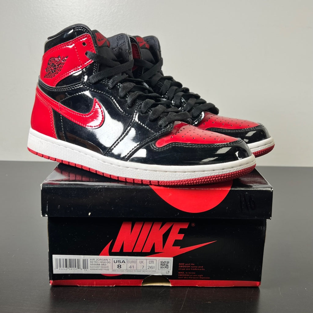 Jordan 1 Retro High OG Patent Bred 8 (Lightly Worn Pre-Owned)JordanBlack/White-Varsity Red - Image 1