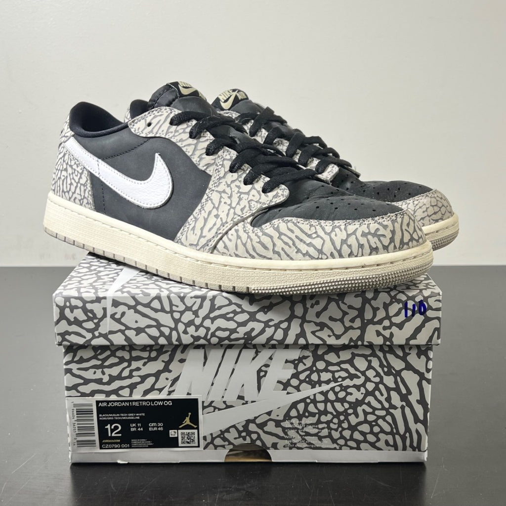 Jordan 1 Retro Low OG Black Cement 12 (Moderately Worn Pre-Owned)JordanBlack/Muslin/Tech Grey/White/Sail - Image 1