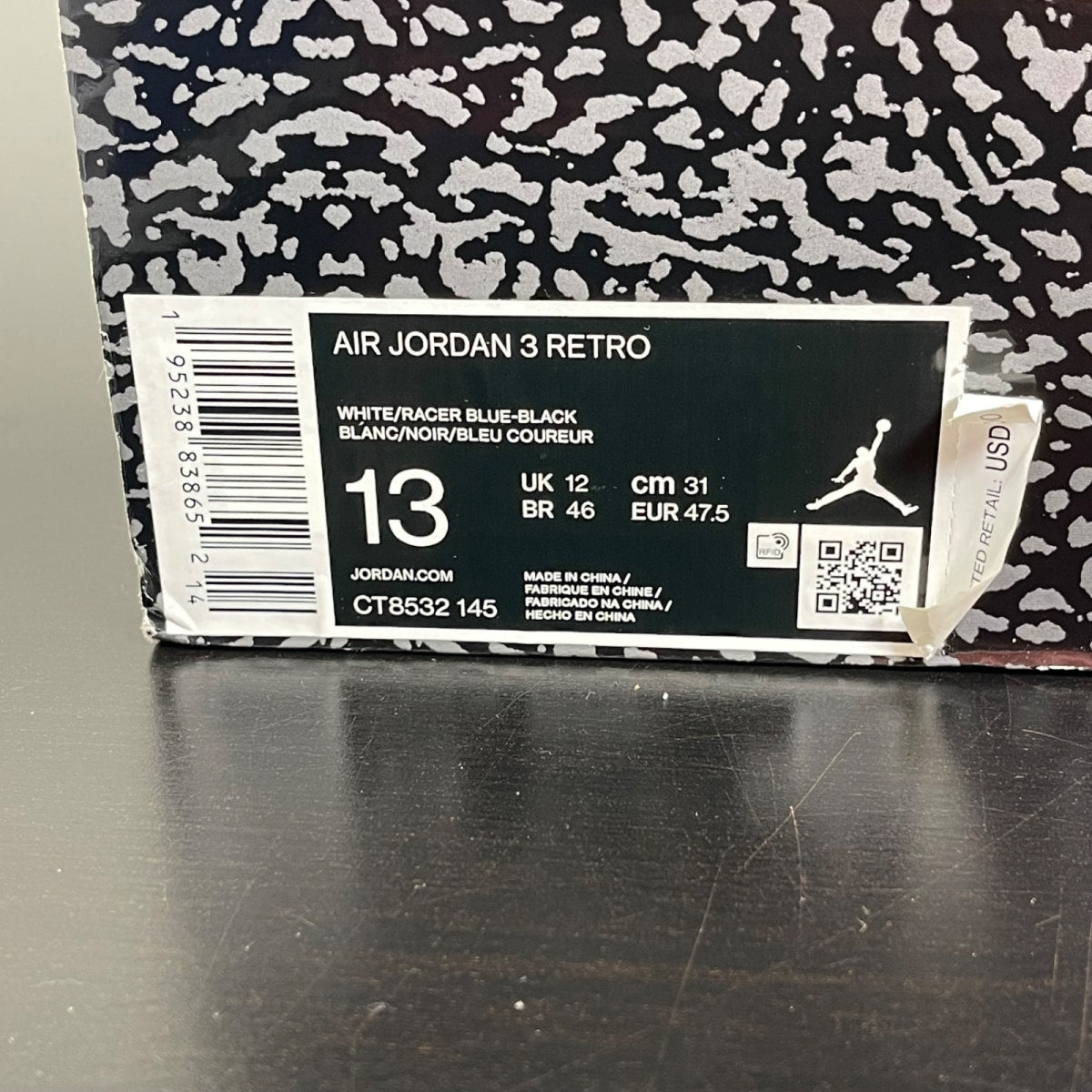 Jordan 3 Retro Racer Blue 13 (Moderately Worn Pre-Owned)JordanWhite/Black-Cement Grey-Racer Blue - Image 7