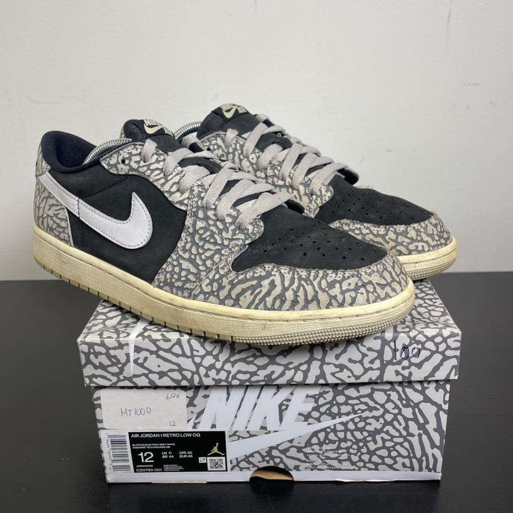 Jordan 1 Retro Low OG Black Cement 12 (Moderately Worn Pre-Owned)JordanBlack/Muslin/Tech Grey/White/Sail - Image 1