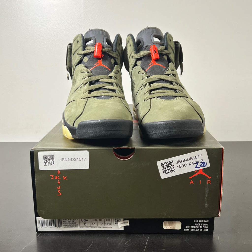 Jordan 6 Retro Travis Scott 8 (Lightly Worn Pre-Owned)JordanMedium Olive/Black-Sail-University Red - Image 2