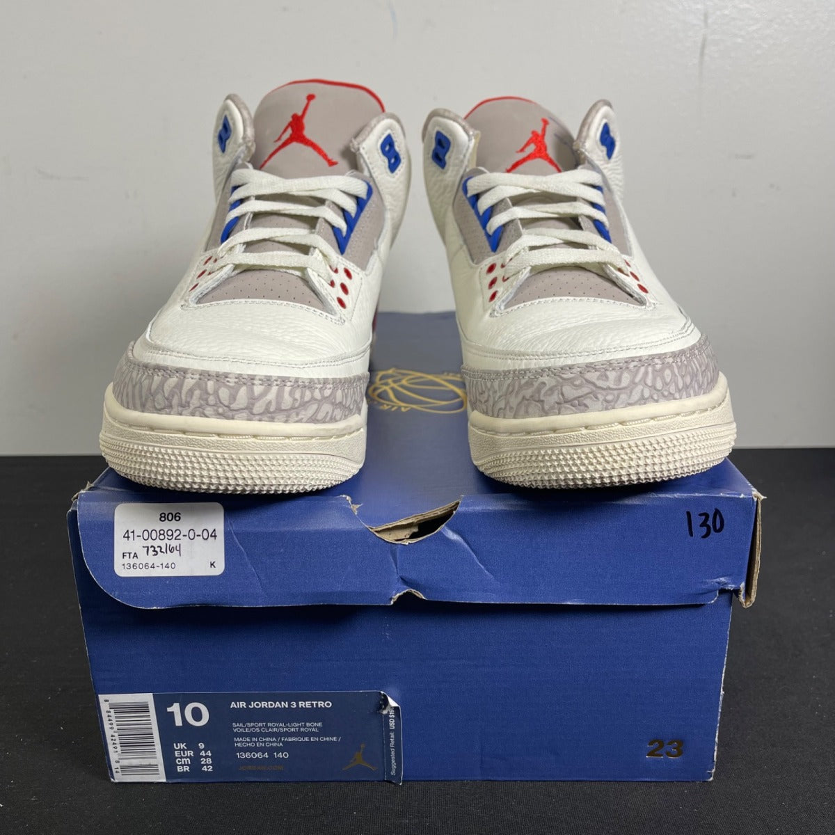 Jordan 3 Retro International Flight 10 (Moderately Worn Pre-Owned)JordanSail/Sport Royal-Light Bone-Fire Red - Image 2