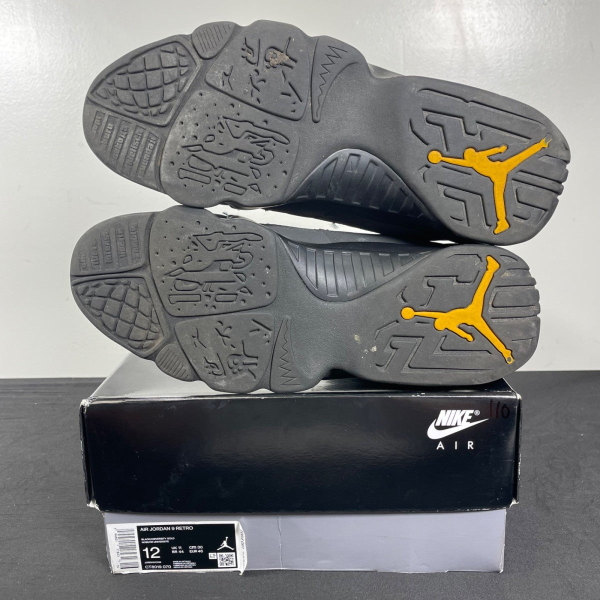 Jordan 9 Retro Dark Charcoal University Gold 12 (Moderately Worn Pre-Owned)JordanBlack/Dark Charcoal-University Gold - Image 5