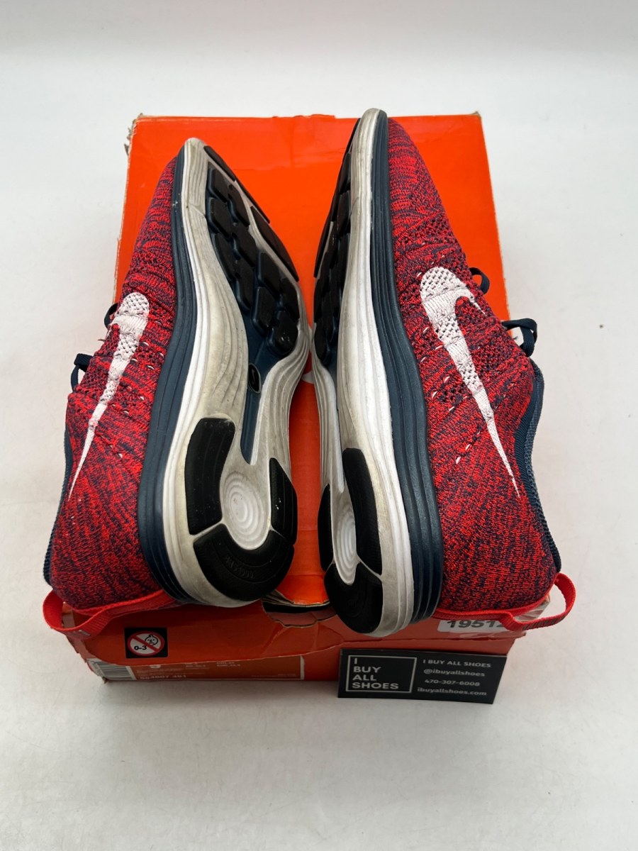 Nike Flyknit Lunar1+ Bright Crimson Squadron Blue 9 (Moderately Worn Pre-Owned) - Image 9