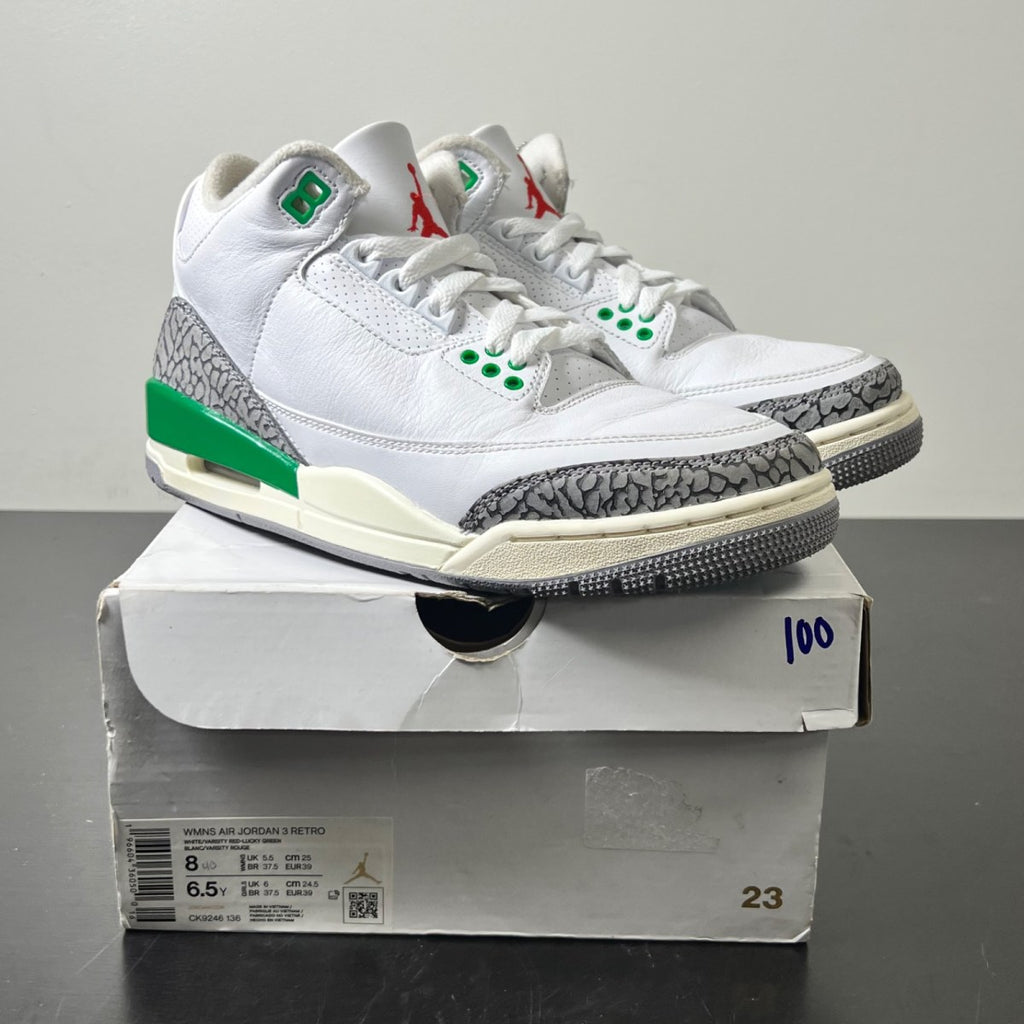 Jordan 3 Retro Lucky Green (Women's) 8W (Moderately Worn Pre-Owned)JordanWhite/Lucky Green/Varsity Red/Cement Grey/Sail - Image 1