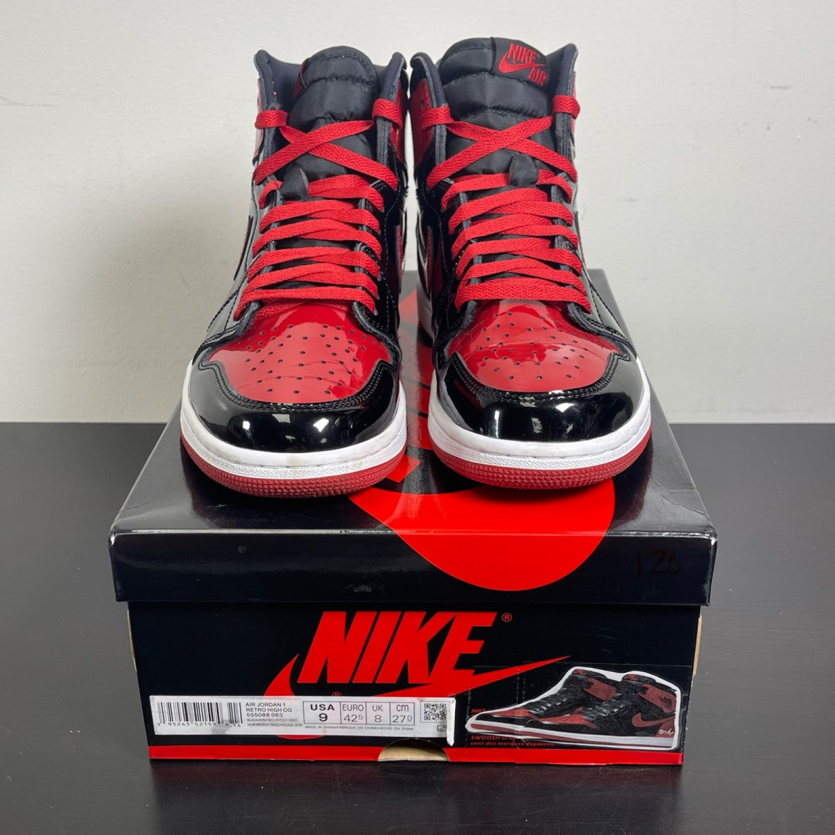 Jordan 1 Retro High OG Patent Bred 9 (Moderately Worn Pre-Owned)JordanBlack/White-Varsity Red - Image 2