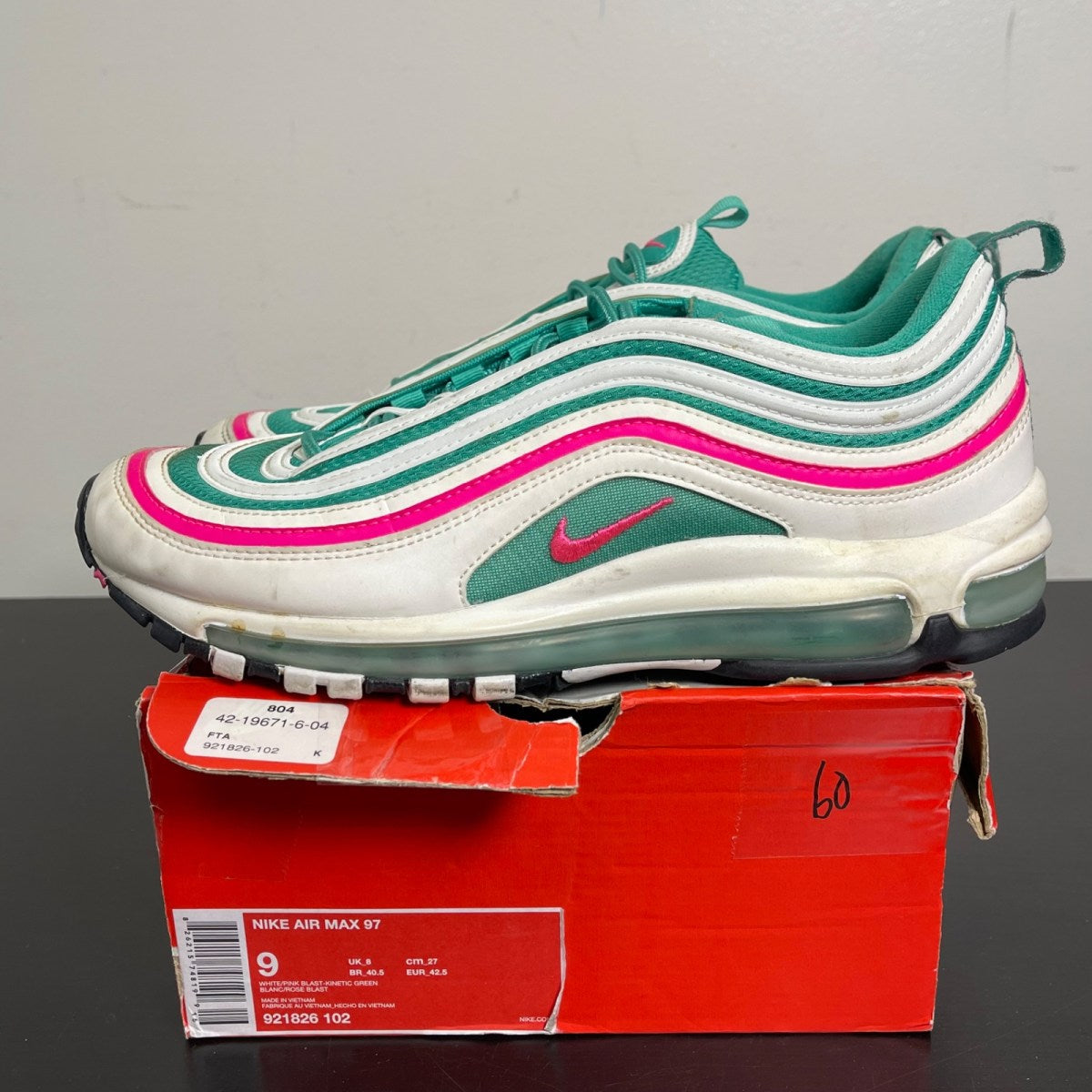 Nike Air Max 97 South Beach 9 (Moderately Worn Pre-Owned)NikeWhite/Pink Blast-Kinetic Green-Black - Image 3