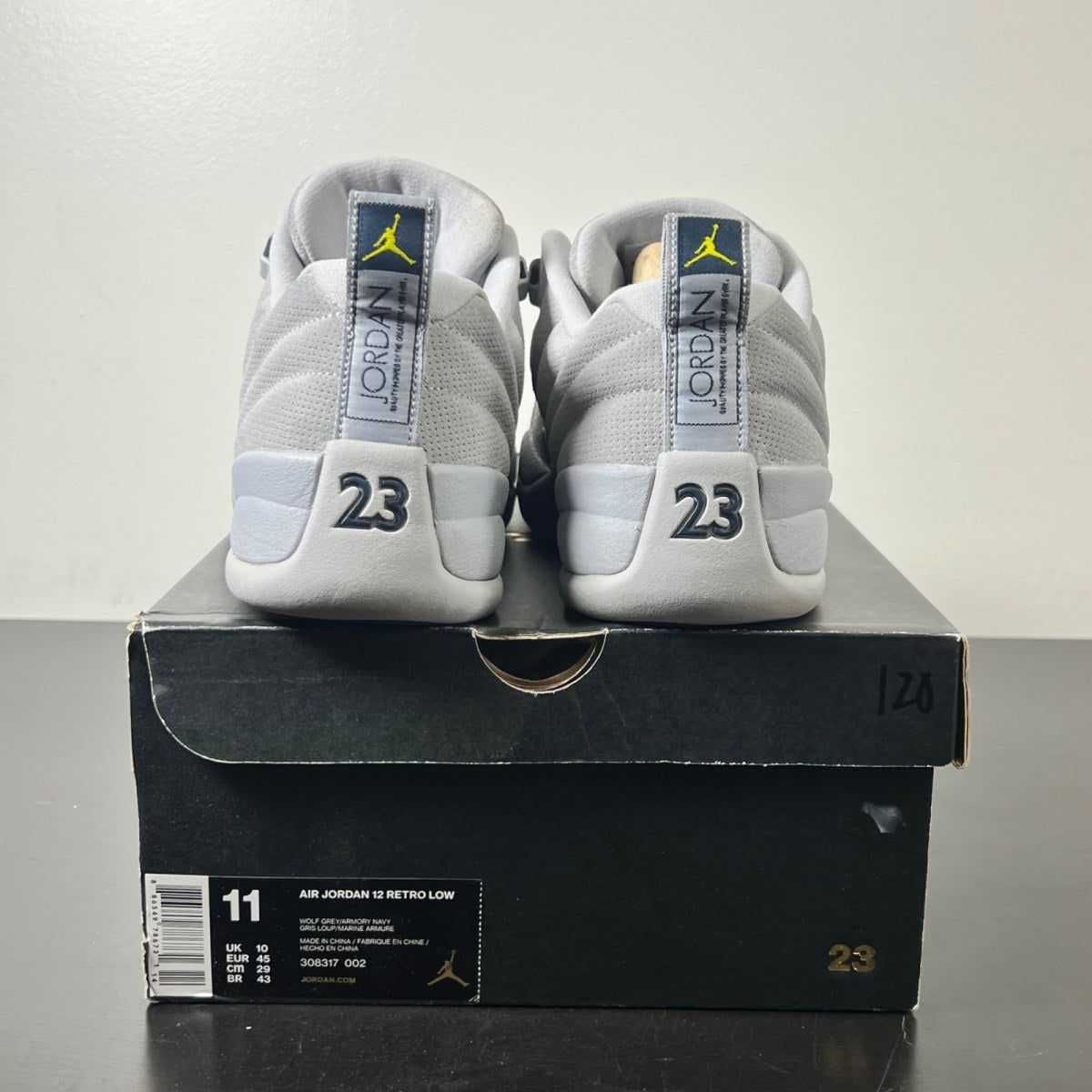 Jordan 12 Retro Low Wolf Grey 11 (Lightly Worn Pre-Owned)JordanWolf Grey/Armory Navy-Electrolime - Image 4